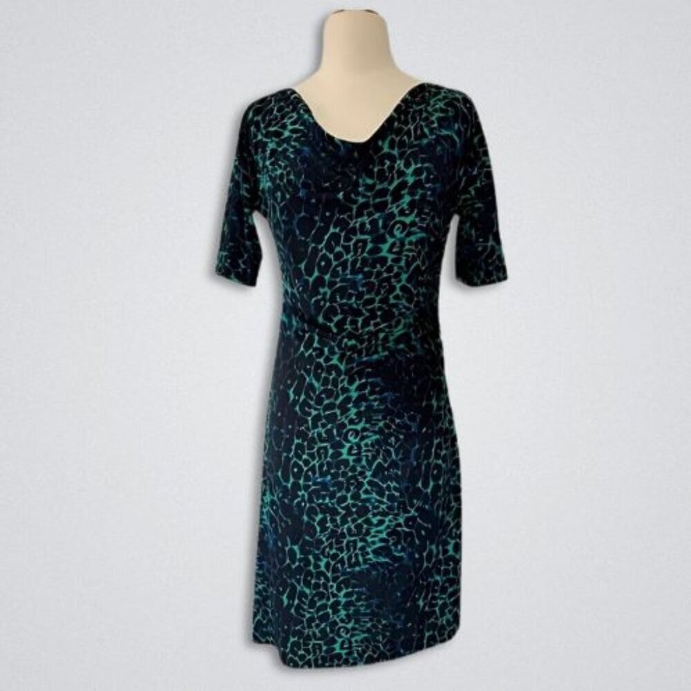 BCBGMaxazria Asymmetrical jersey Dress Ruched Leopard Print Green Medium - Picture 2 of 7